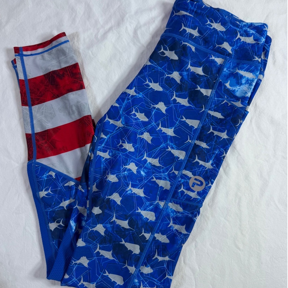 Pelagic Patriotic Fishing Leggings Woman's Small Stars & Stripes Red White Blue
